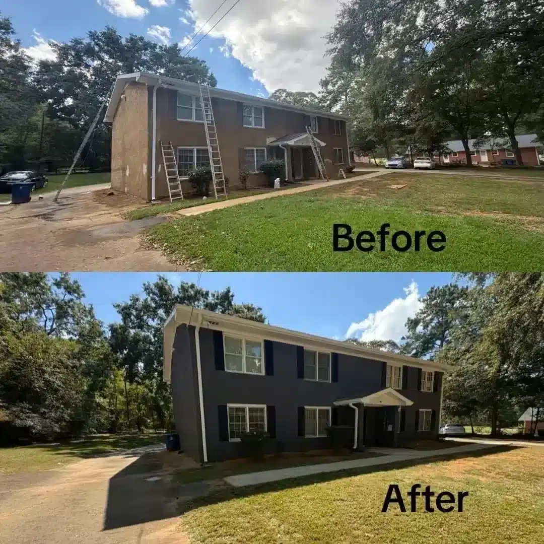 Before and after: apartment building repainted from brick and siding to navy