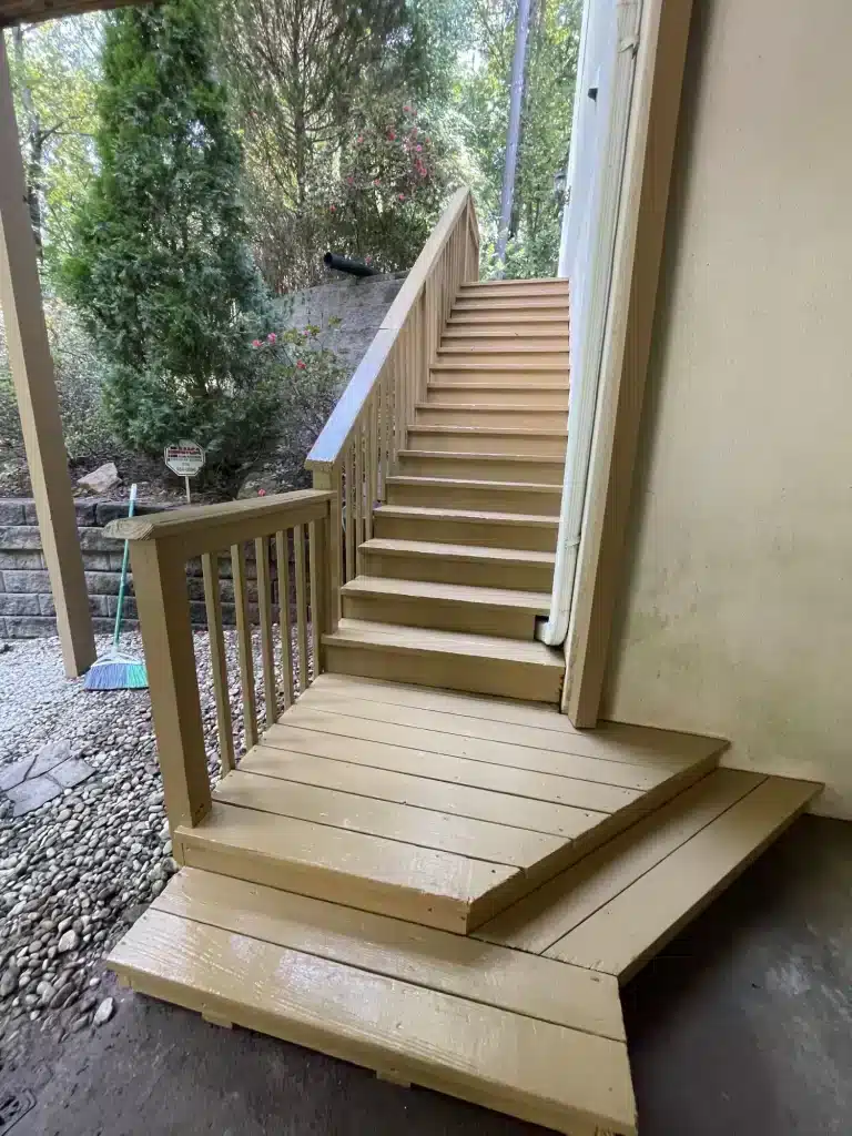 Exterior wood stairs and landing stained tan — MG Barillas Painting