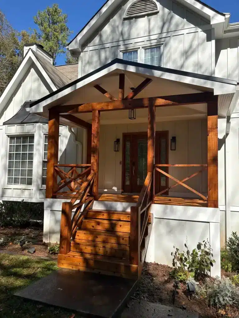 Front porch posts, beams and steps restored and stained cedar — MG Barillas Painting