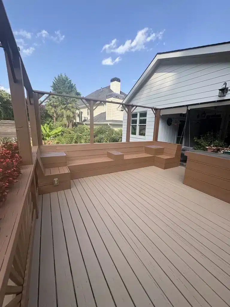 Tan stained deck with built-in benches — MG Barillas Painting